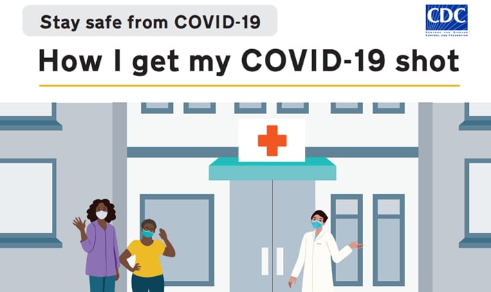 Page from Stay Safe from COVID-19 showing mother taking daughter for COVID-19 vaccine