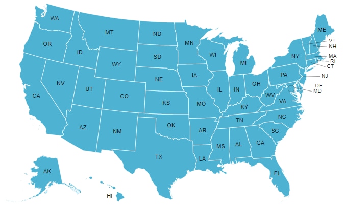 US map showing states and abbreviations