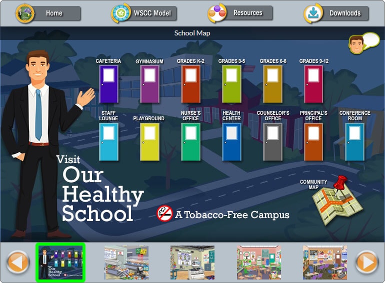 Virtual healthy school home page with different color classroom doors for the different portals to the interactive tool.