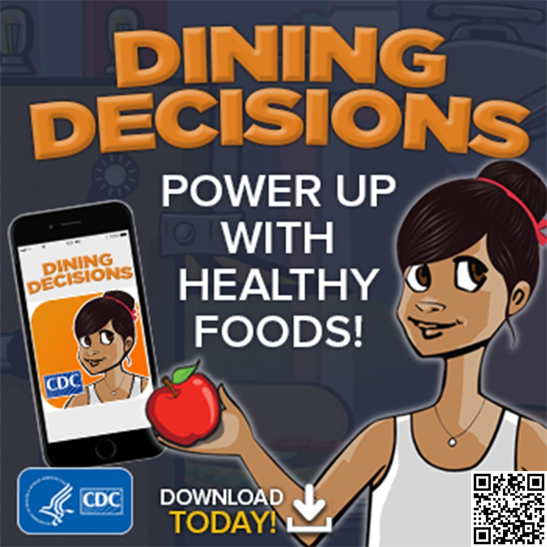 Image of a girl with a cell phone. Text says, "Dining decisions: Power up with healthy foods."