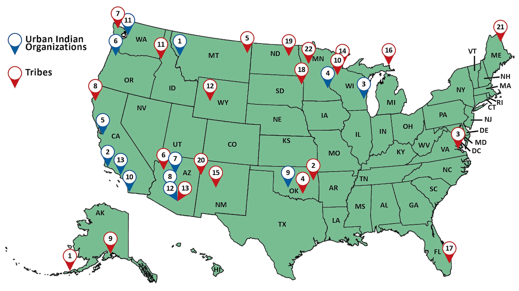 US map showing location of 13 funded Urban Indian Organizations and 22 funded tribes.