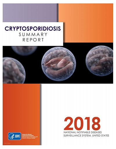 Cover for 2018 Crypto report of purple, white, and orange blocks with microscopic images of Cryptosporidium