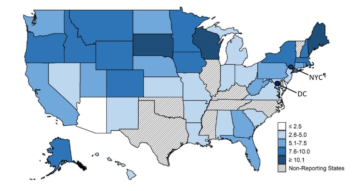 US Map of incidence with states ranging in white, stripes, and shades of blue