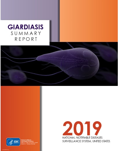Orange, purple, and white rectangles with a microscopic view of Giardia