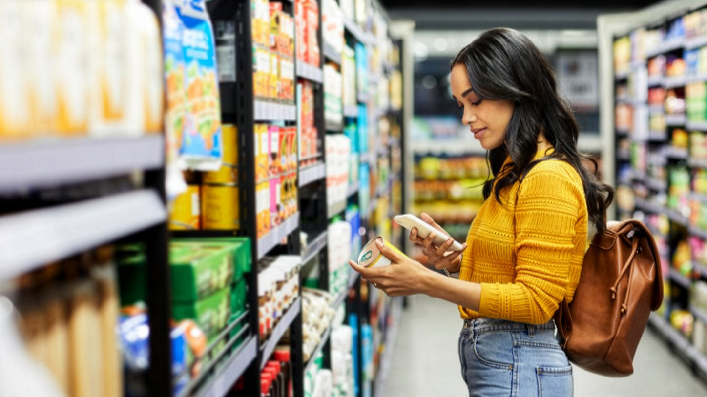 Woman reading nutrition label.