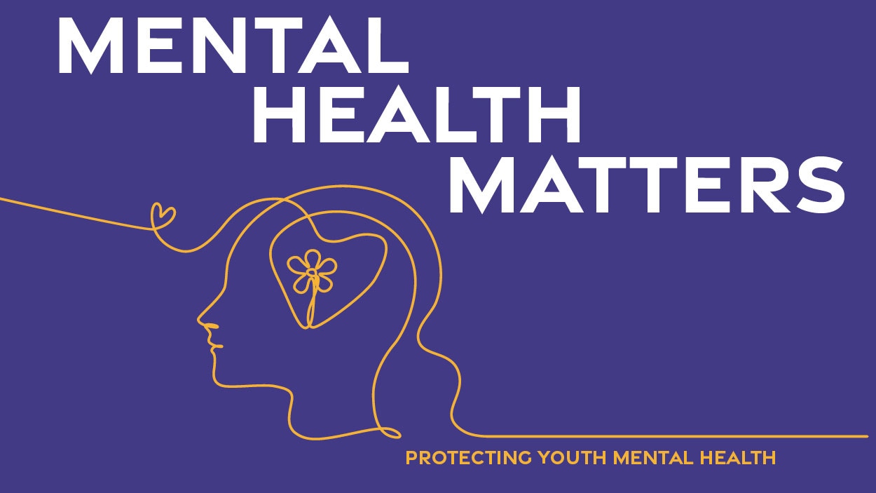 Purple logo with white text saying "Mental health matters" next to a yellow profile of a face.