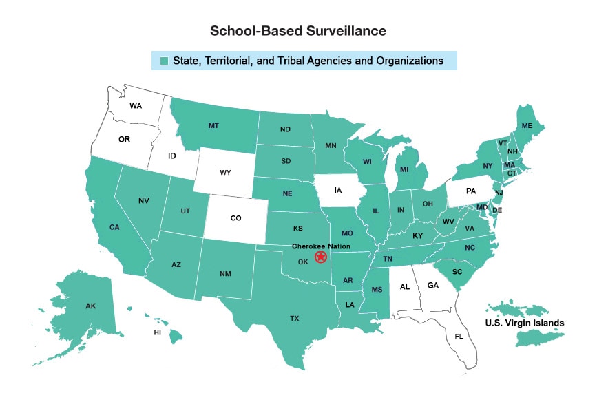 Map showing locations of U.S. school-based surveillance on youth risk behaviors and school health policies and practices.