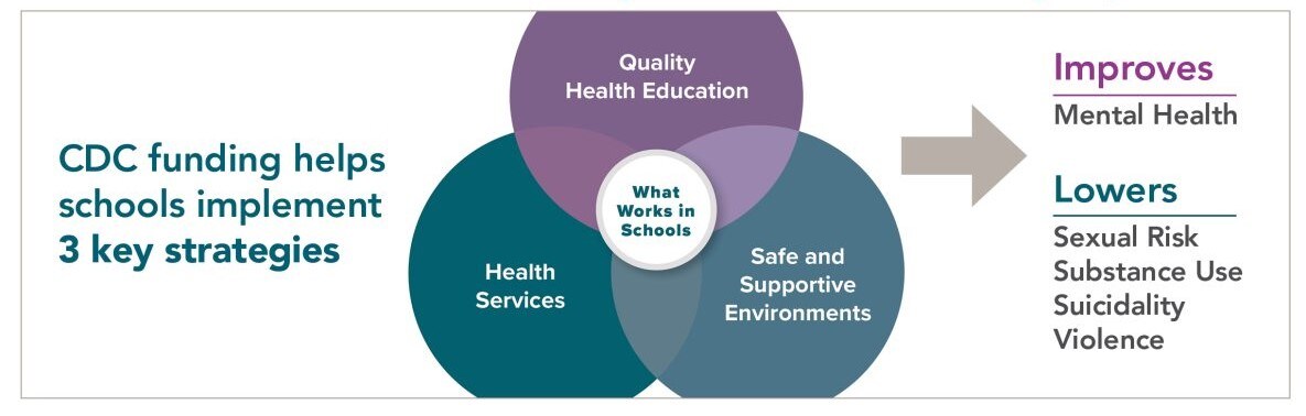 Three circles with text inside each, saying: Quality Health Education, Health Services, Safe and Supportive Environments.