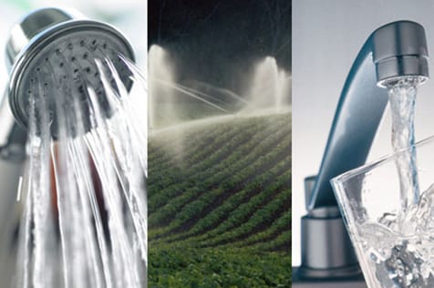 Photo illustration showing water coming out of a faucet and a showerhead.