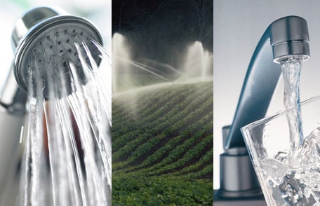 collage showing a faucet, a shower, and irrigation