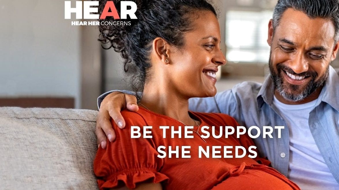 Man and woman with overlaying text: "Be the support she needs".