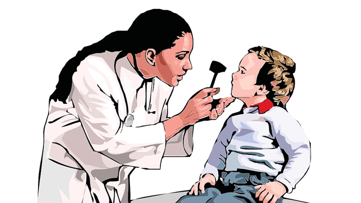 Doctor checking on boys hearing comic style