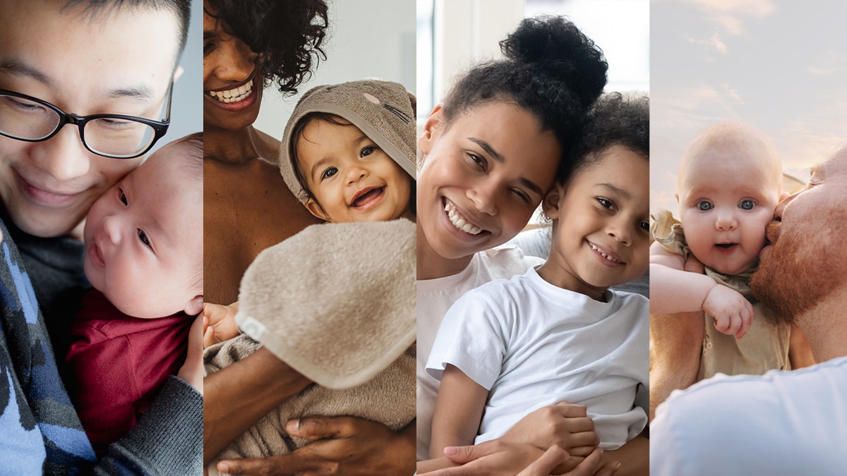 Four different images of parents holding their babies and smiling