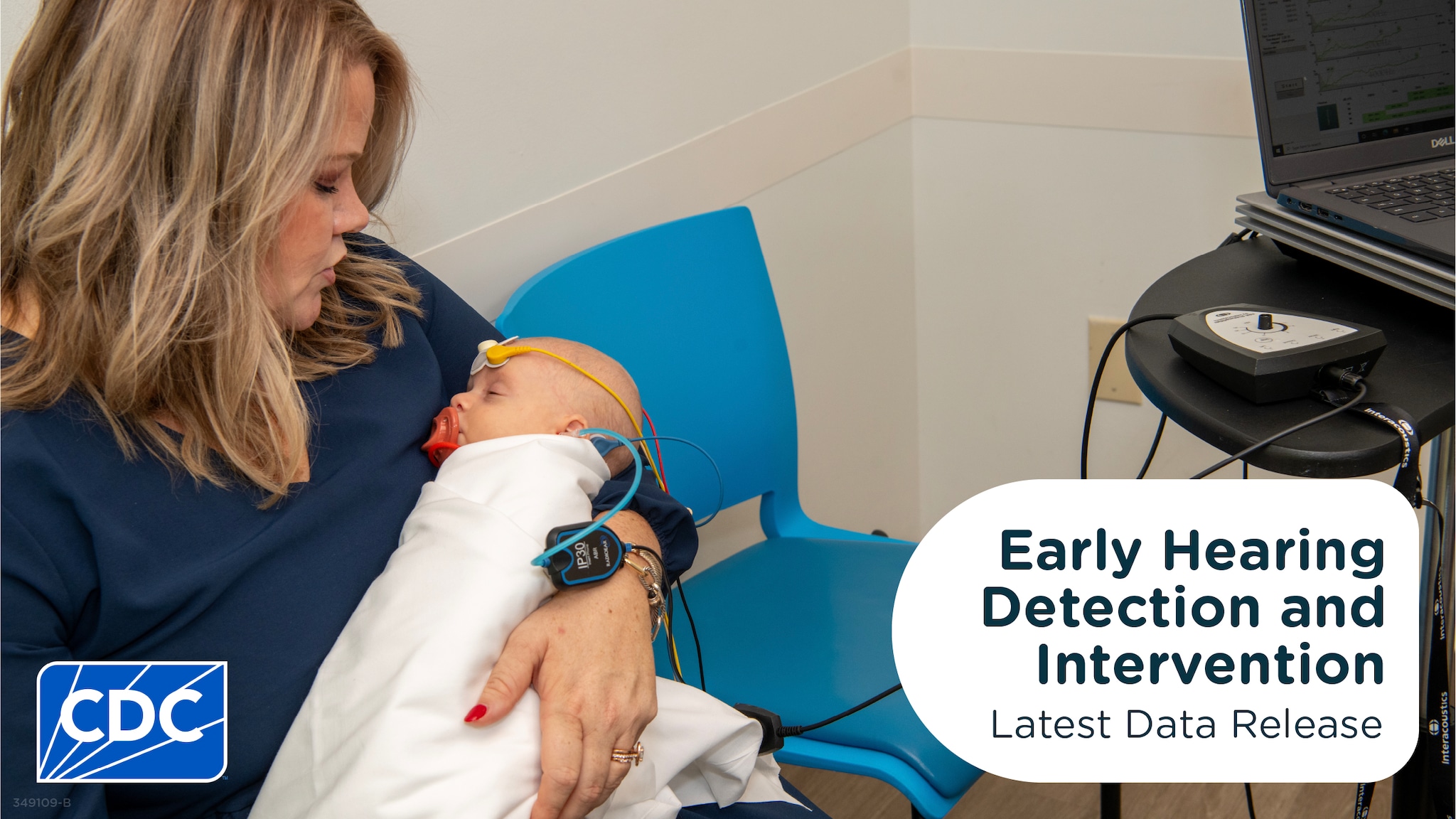 Baby has hearing tested while being held in their parent’s arms. Text reads, “Early Hearing Detection and Intervention Latest Data Release”