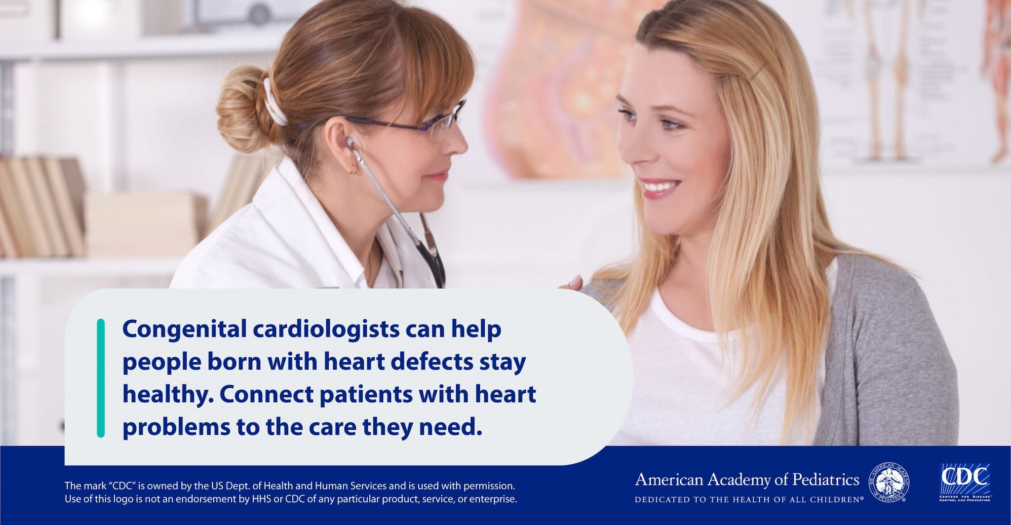 The background shows a person talking with a doctor and the foreground includes this text "Congenital cardiologists can help people with heart defects stay healthy. Connect patients with heart problems to the care they need."