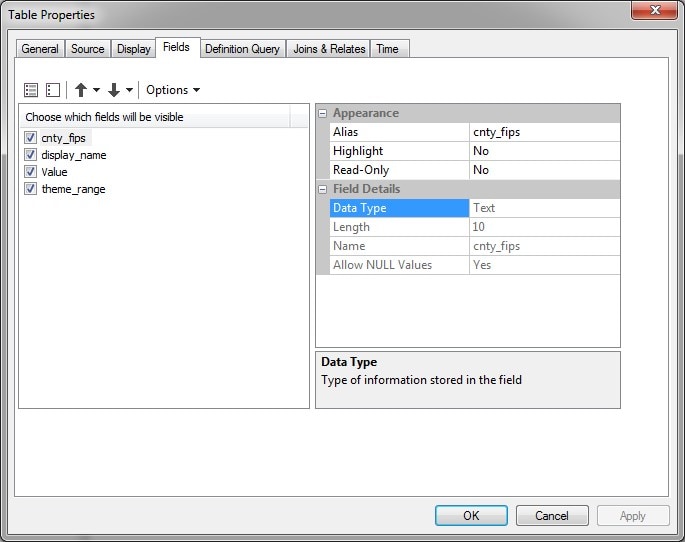 Table properties window with the Fields tab open.