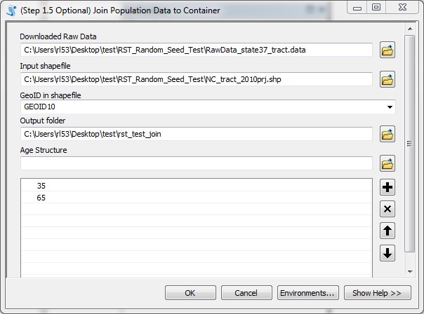 The Step 1.5 window showing the raw data field, shapefile field, GeoID field, Output field, and Age structure.