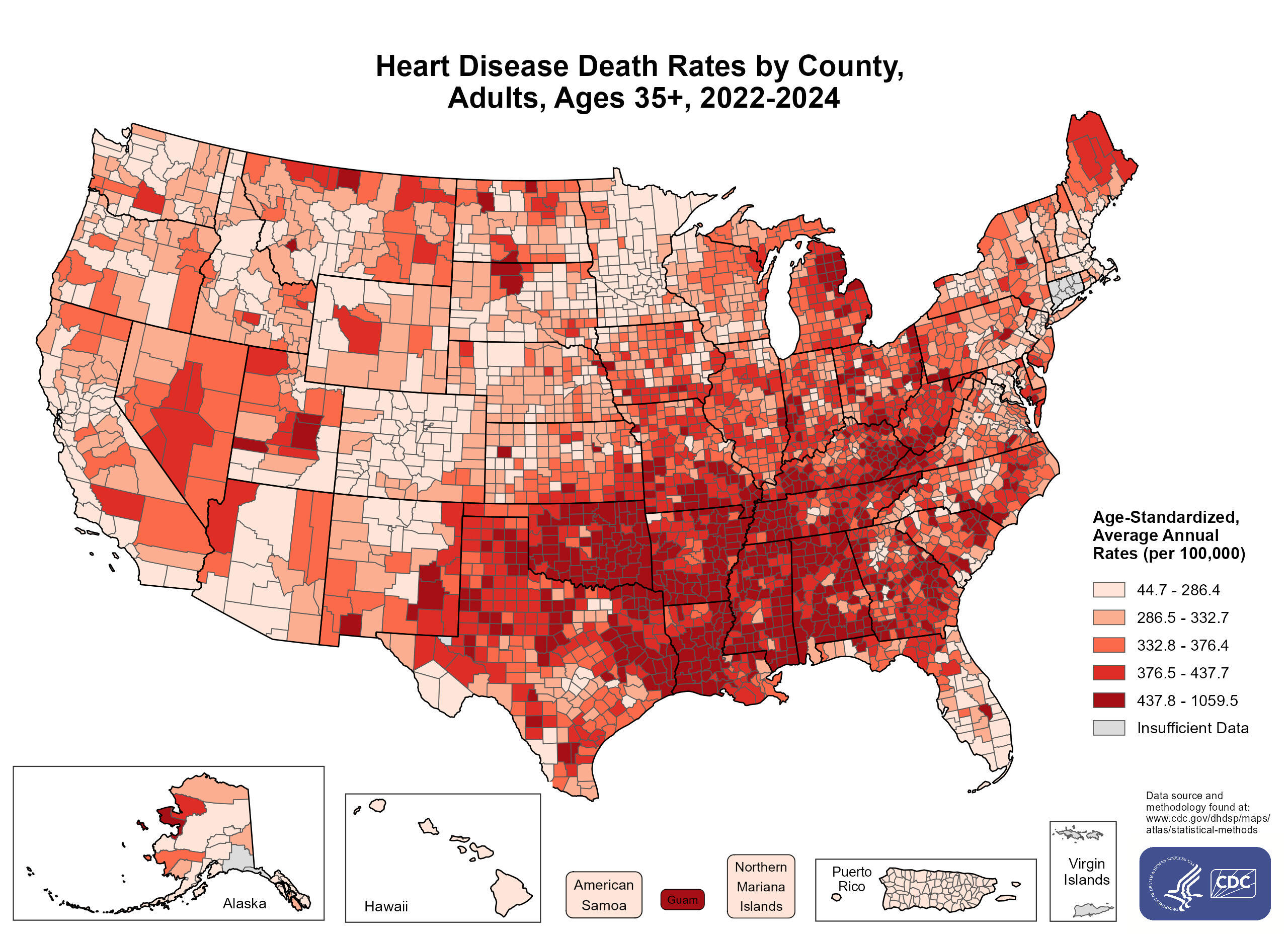 Map of heart disease and stroke death rates by county, adults ages 35 and older, 2022-2024