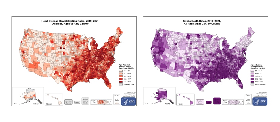 Two examples of heart disease and stroke maps.