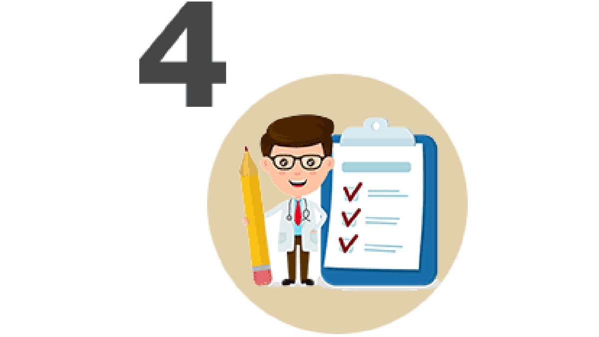 Cartoon image of a doctor with a pencil and a check list on a clipboard