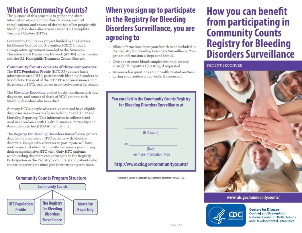 Brochure titled, How can you benefit from participating in Community Counts Registry for Bleeding Disorders Surveillance