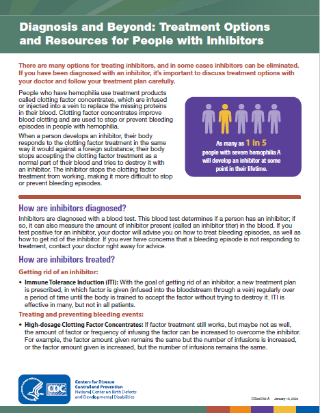 Fact sheet titled Diagnosis and beyond: treatment options and resources for people with hemophilia.