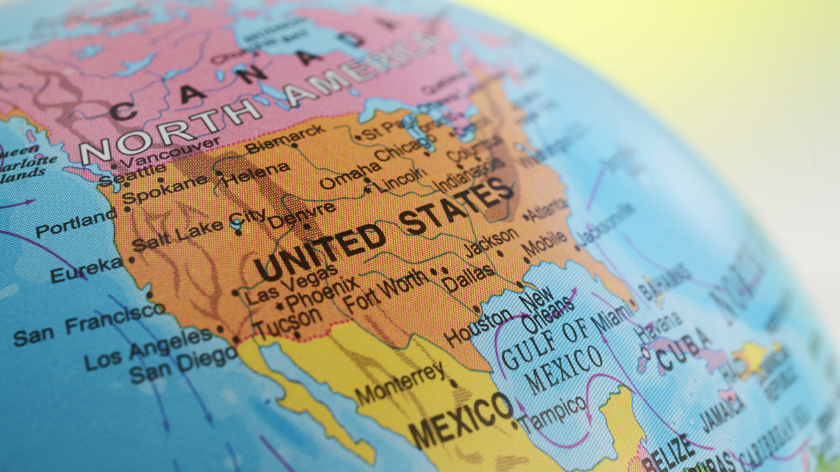 A close up of the United States, Canada, and Mexico shown on a globe