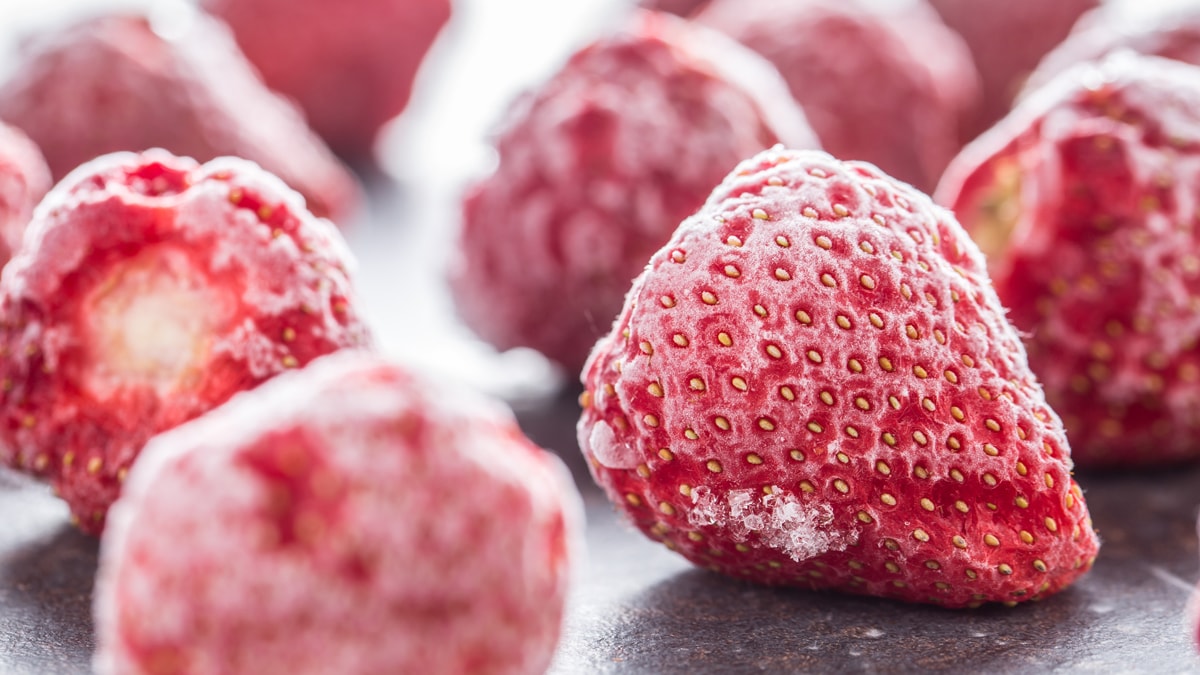 A close up of organic strawberries that have been frozen