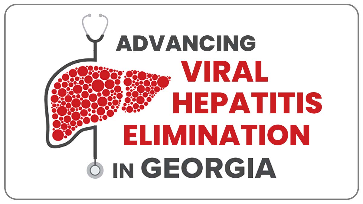 Display screen highlighting advancing viral hepatitis elimination in Georgia with an illustration of a liver