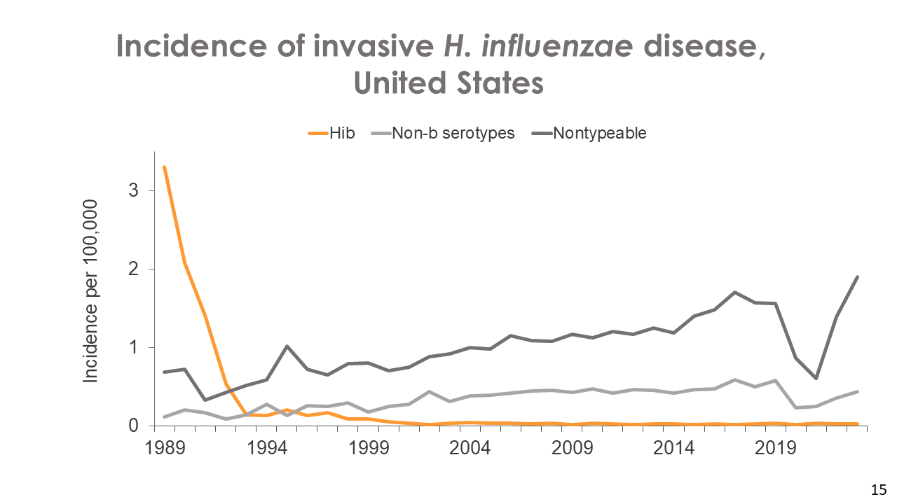Figure 1 shows estimated incidence rates (per 100,000 persons) of invasive H. influenzae disease caused by serotype b, other serotypes excluding b, and nontypeable bacteria in the United States from 1989 through 2023.