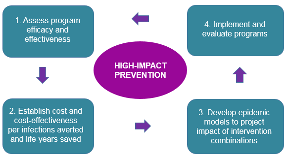 The four steps of High Impact Prevention to determine if interventions will be effective to reduce disease and disparities.