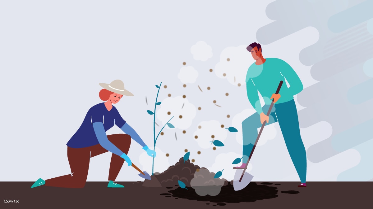 illustration of a man and woman gardening and dust in the air