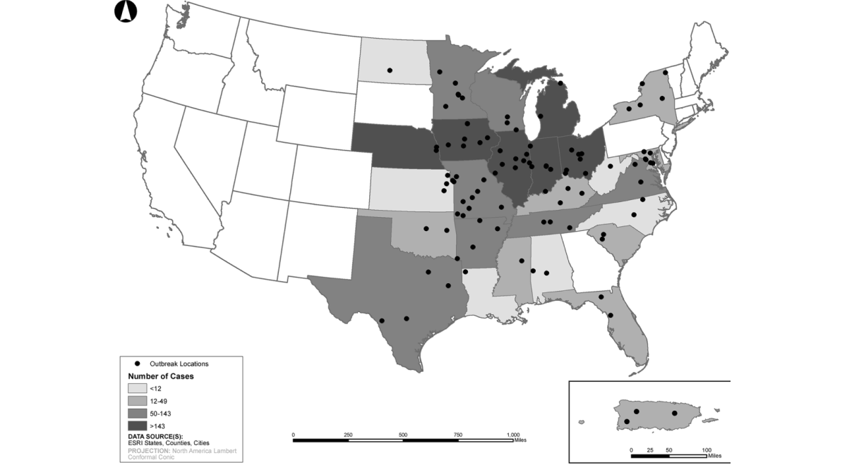 United States map showing histoplasmosis outbreak locations