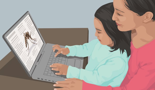 Illustration of mother and daughter looking at mosquito related information on computer.
