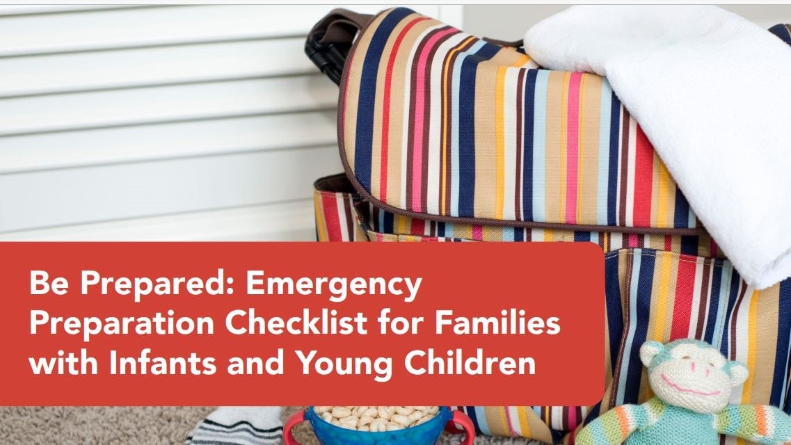Illustration from cover of PDF with text saying "Be Prepared: Emergency Preparation Checklist for Families with Infants and Young Children.