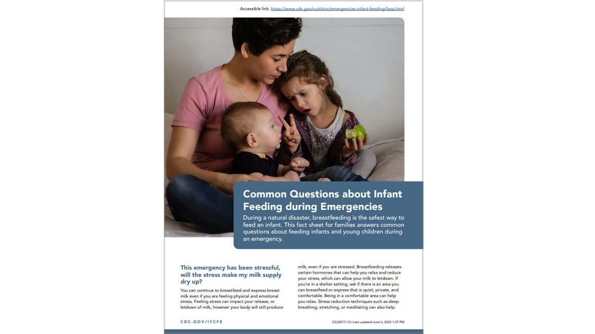 PDF cover photo of CDC's common questions about infant feeding during emergencies.