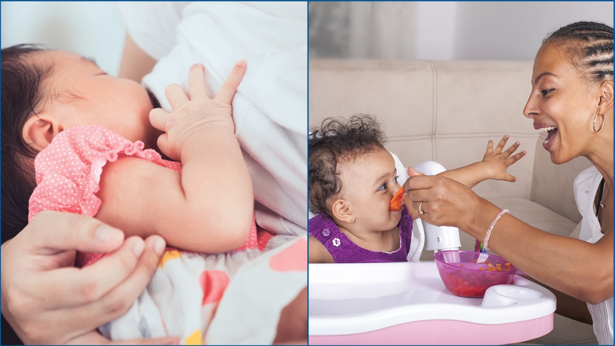 Two photos. One on left is an infant breastfeeding. One on right is a mother feeding a toddler who is sitting in a high chair.