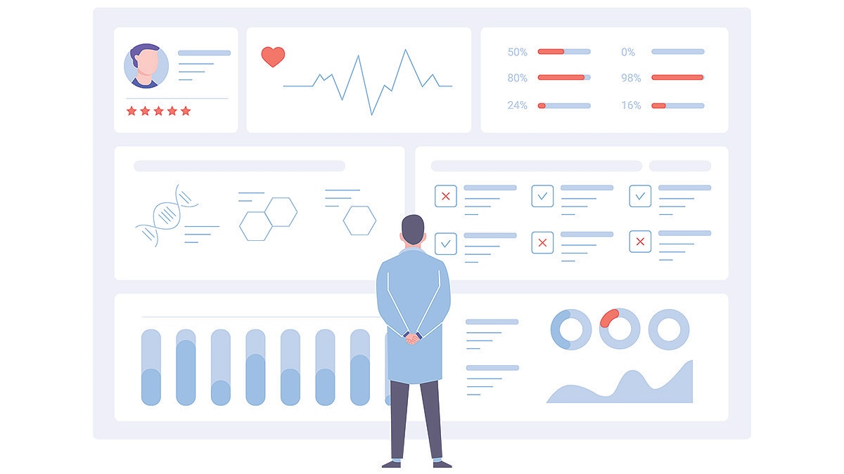 Illustration of doctor standing in front of massive dashboard of medical data and records.