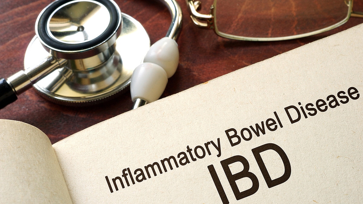 Book on a table open to a page that reads “Inflammatory Bowel Disease IBD.”