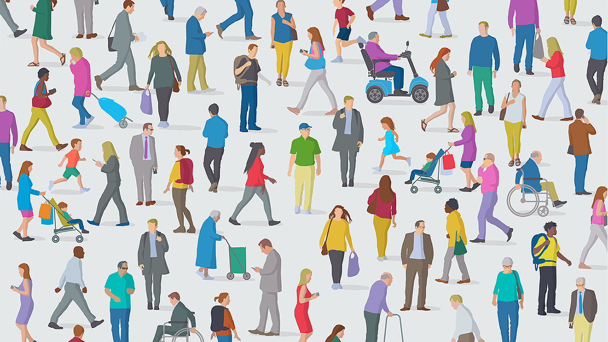 Illustration of many diverse people of different shapes, sizes, and colors in a crowed moving in all directions.
