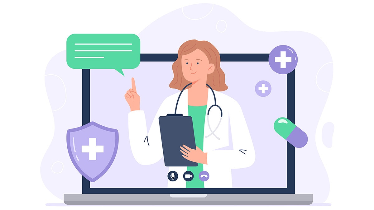 Illustration of a laptop screen with a female doctor sharing information.