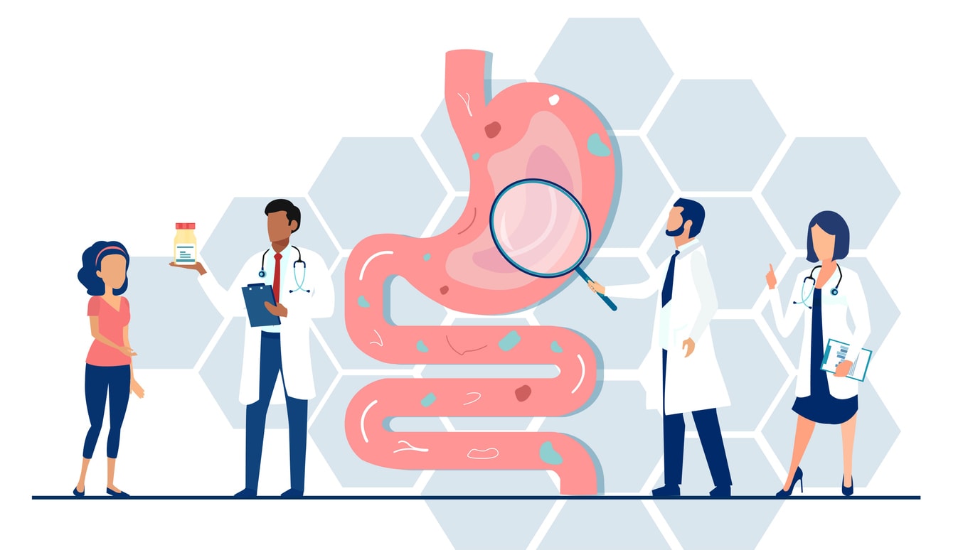 Illustration of a medical team examining a gastrointestinal tract.