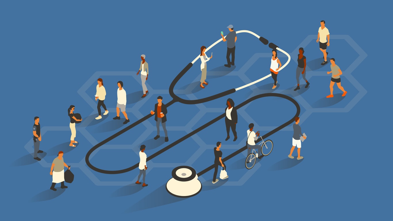Illustration of representatives of different populations passing by an oversized stethoscope.