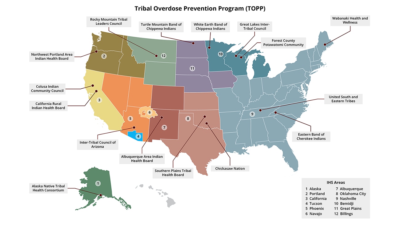 Map of Tribal Overdose Prevention Program (TOPP) partners