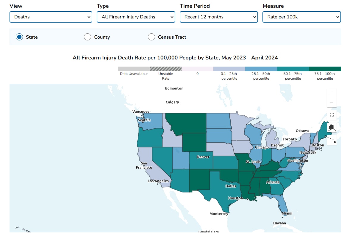 Screenshot of the mapping injury, overdose, and violence data dashboard