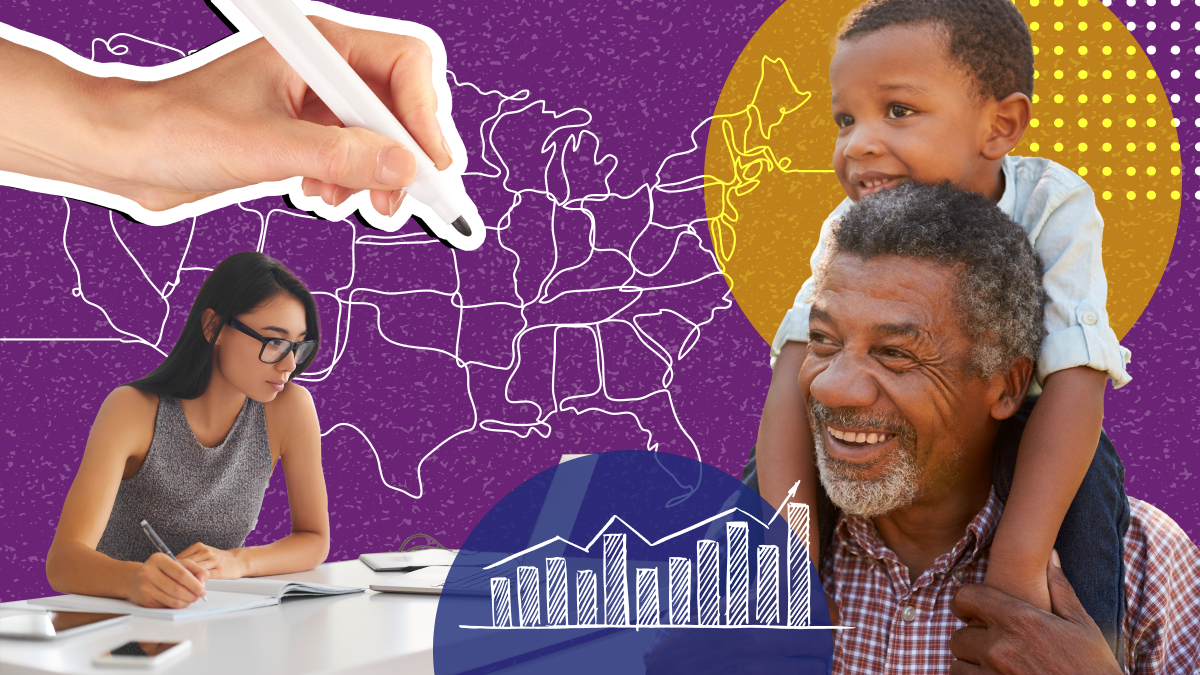 Stock photo of a United States map, a woman doing research, and a grandfather and grandson.