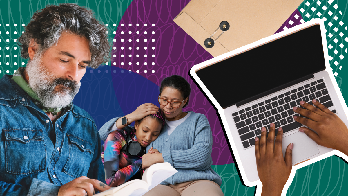 Stock images of a man reading, a mother and teenage daughter hugging, and a person on their computer.
