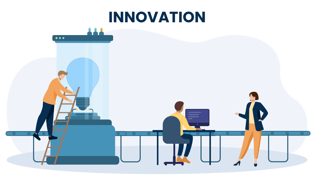 Graphic that says "Innovation" and shows people collaborating.