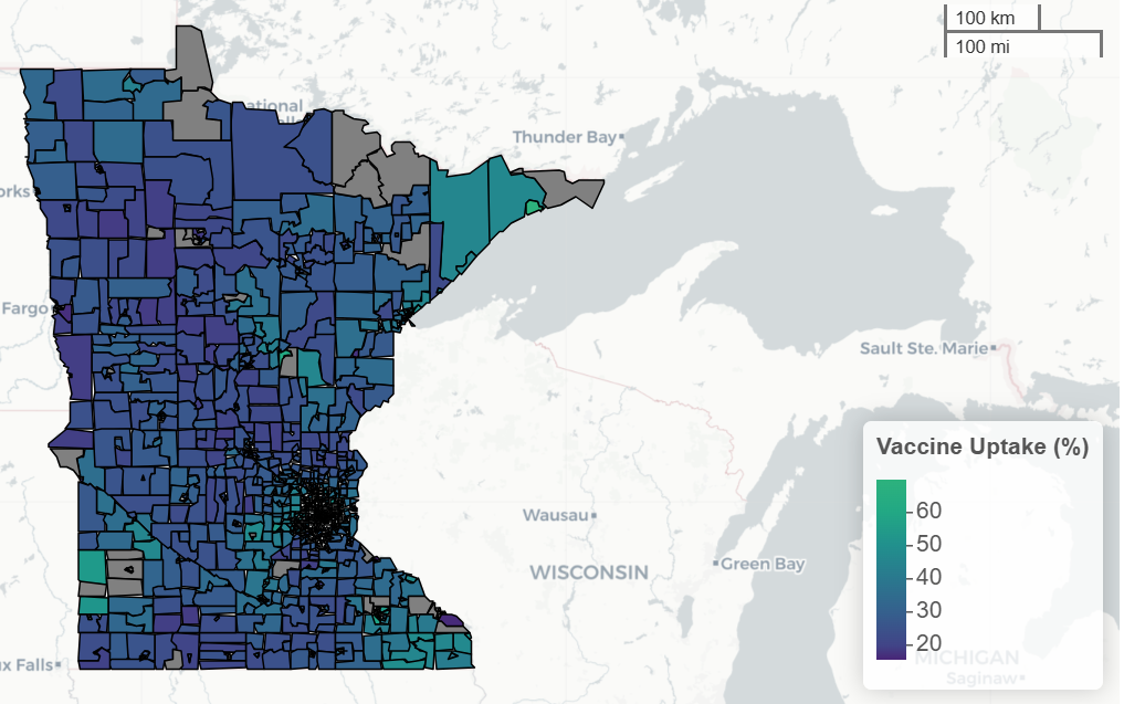 MADMC's seasonal flu dashboard displays vaccinated for influenza during the 2024-2025 flu season in Minnesota.