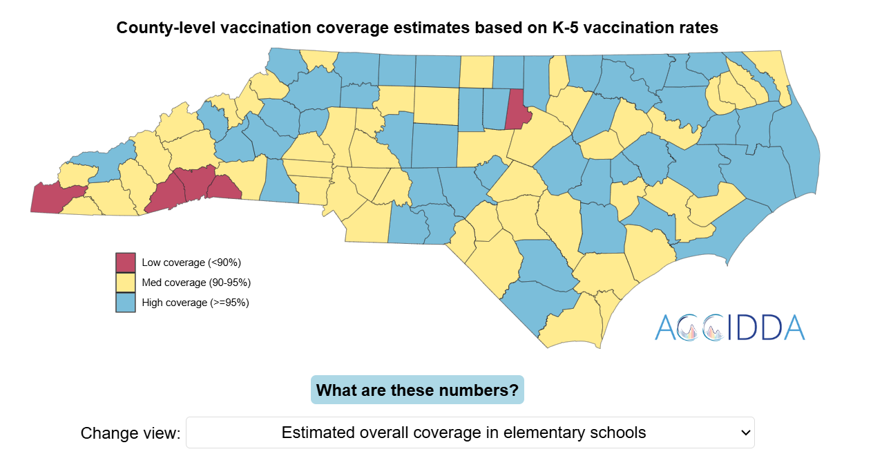 Map of County-level K-5 vaccination coverage in North Carolina, 2025, from ACCIDDA&rsquo;s measles vaccination dashboard.